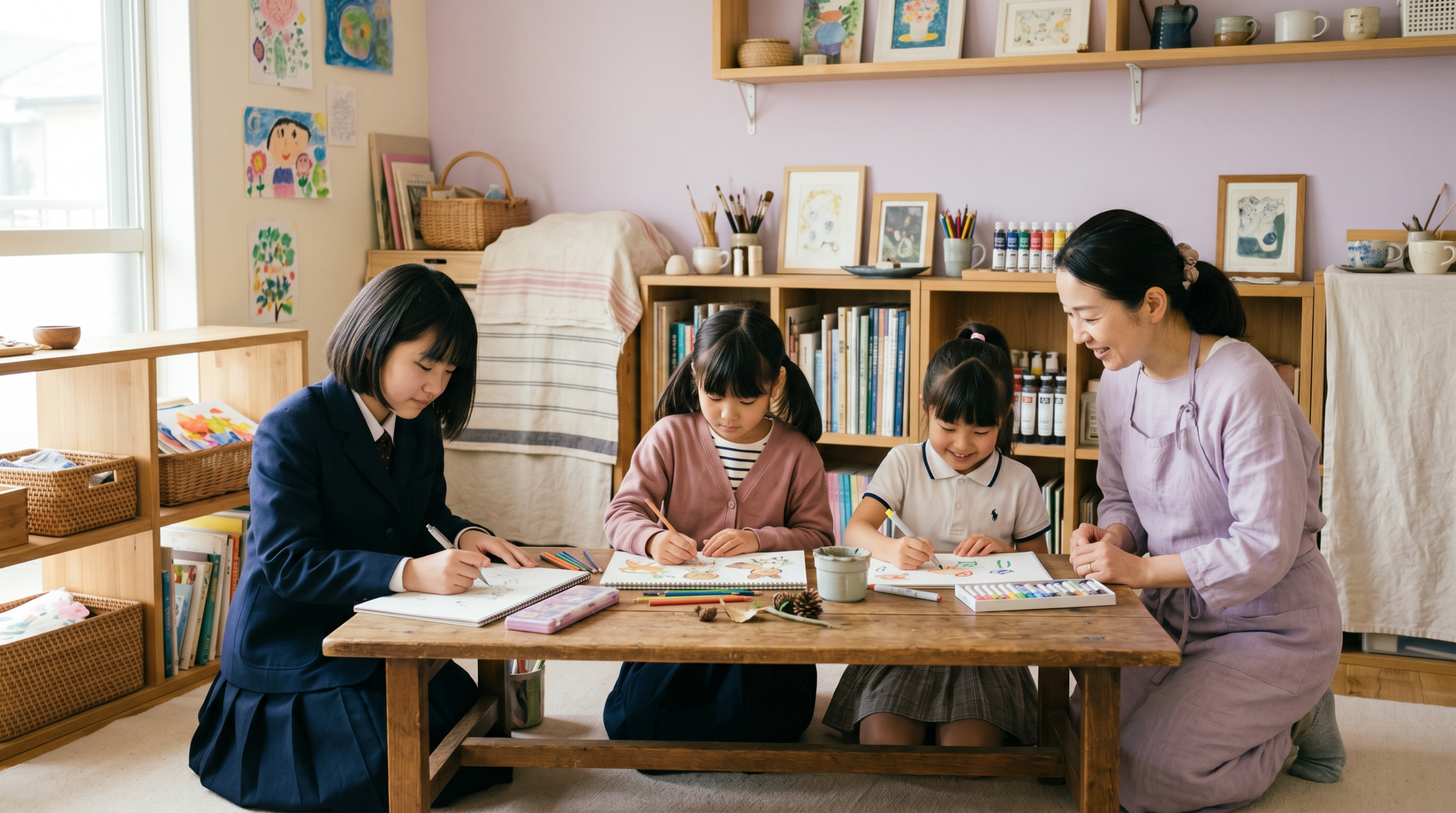 落ち着いた教室で絵を描く子どもたち
