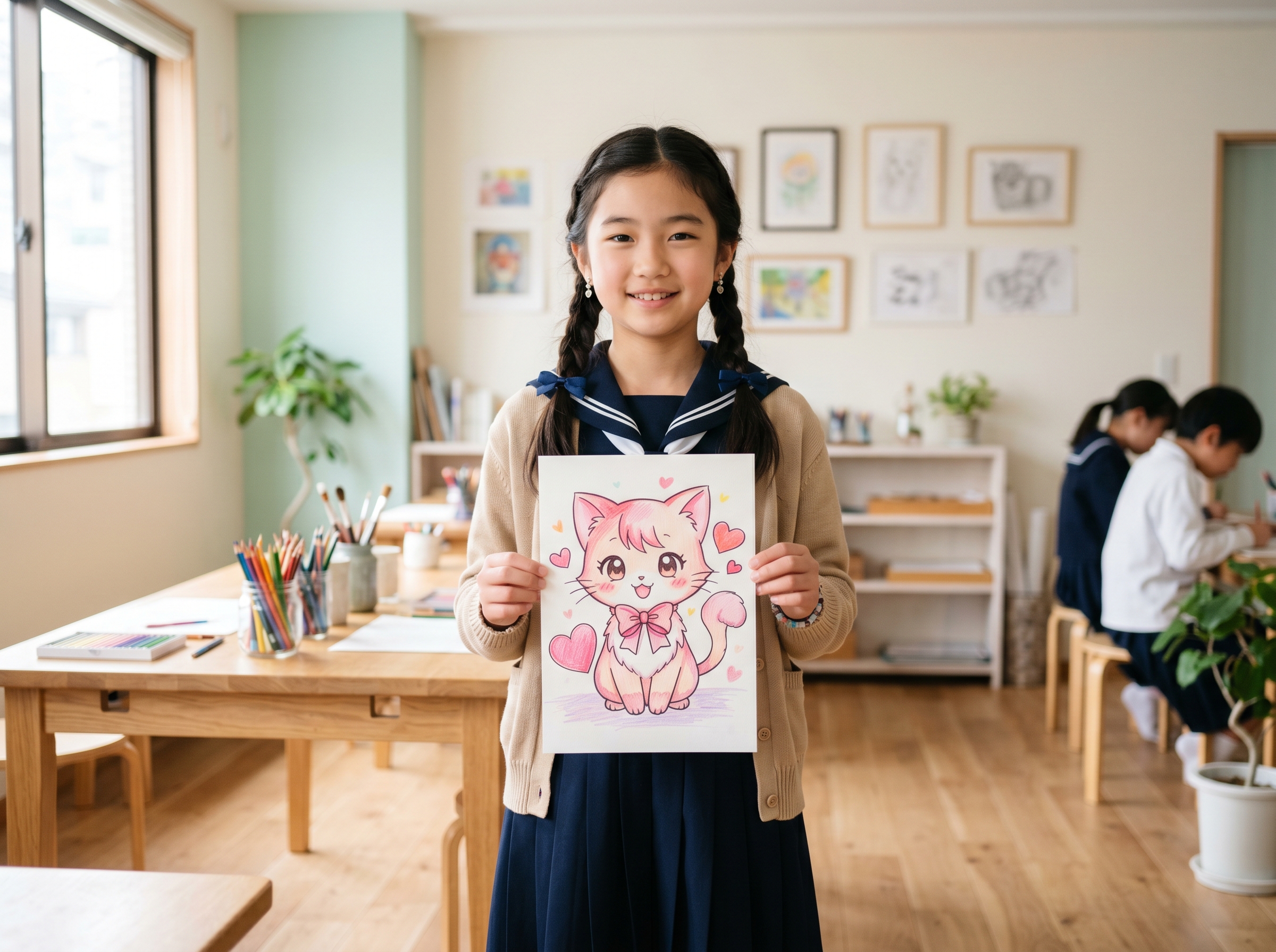 完成した作品を持つ女の子