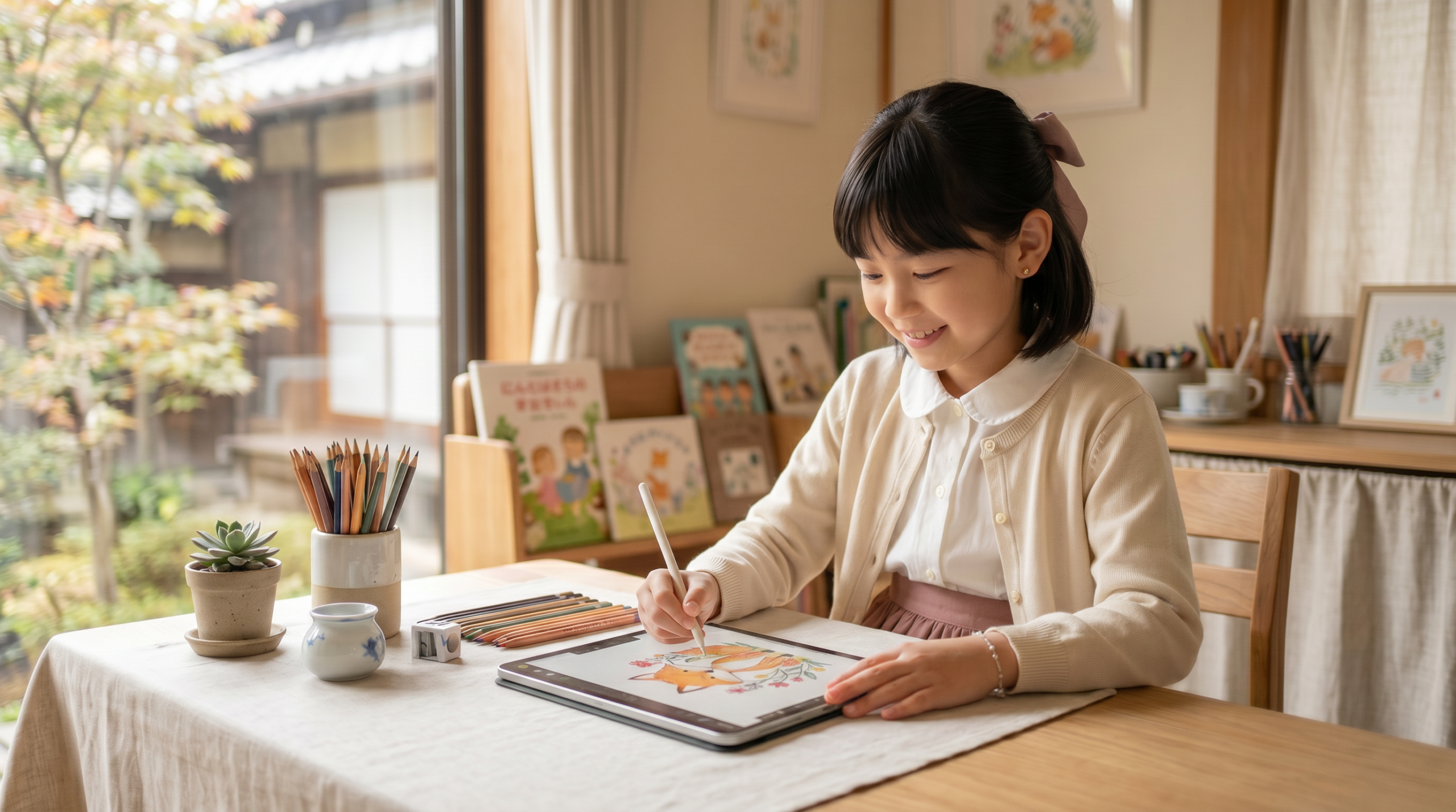 やさしい雰囲気の中で絵を描く女の子